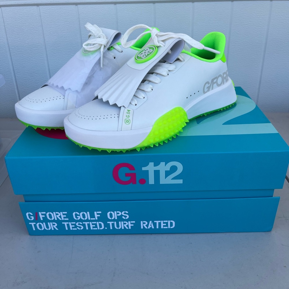 G/FORE Fringed White and Bright Green Golf Sneakers